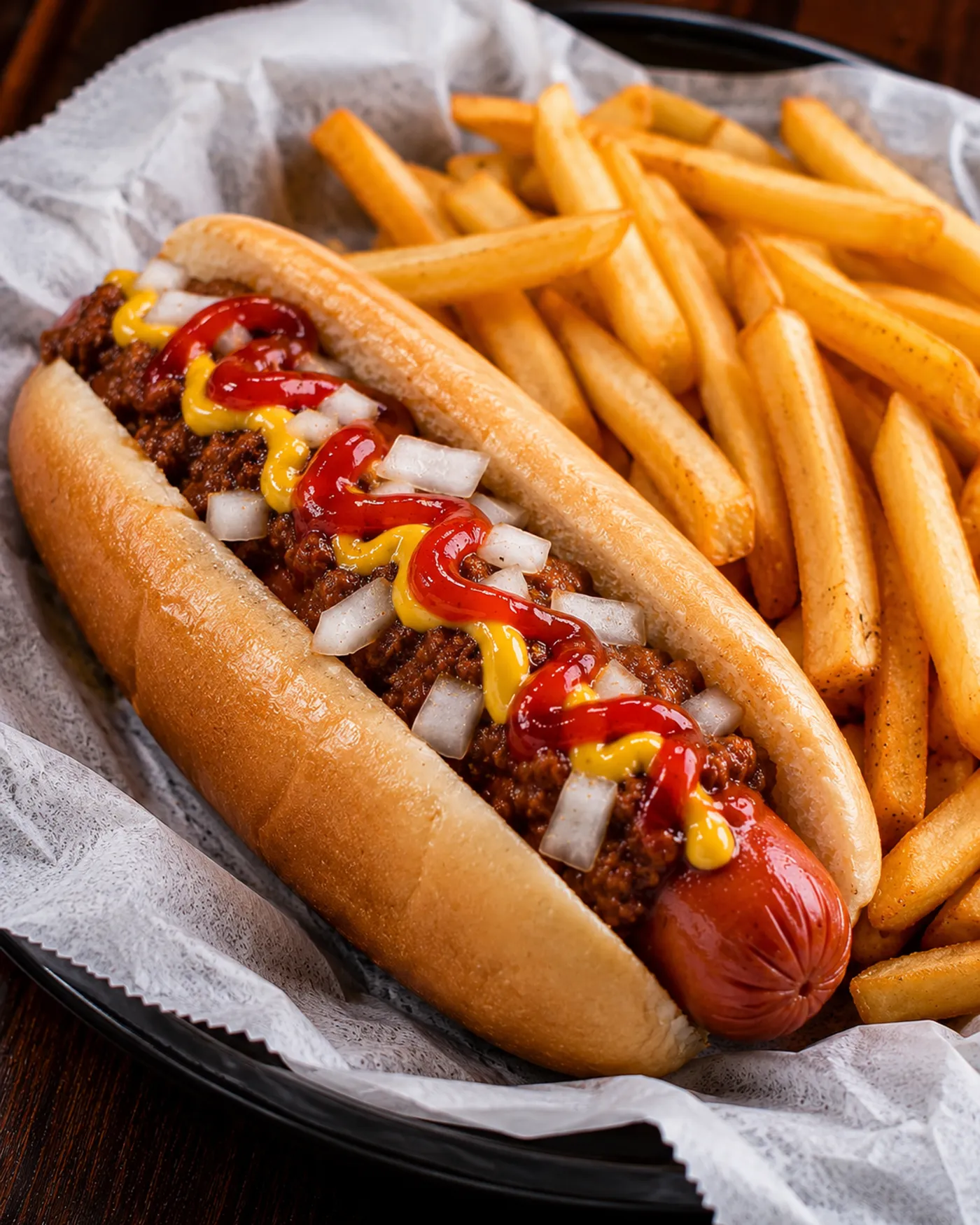 Loaded coney dog with chili, mustard, ketchup and onions served with fries at Buzz City
