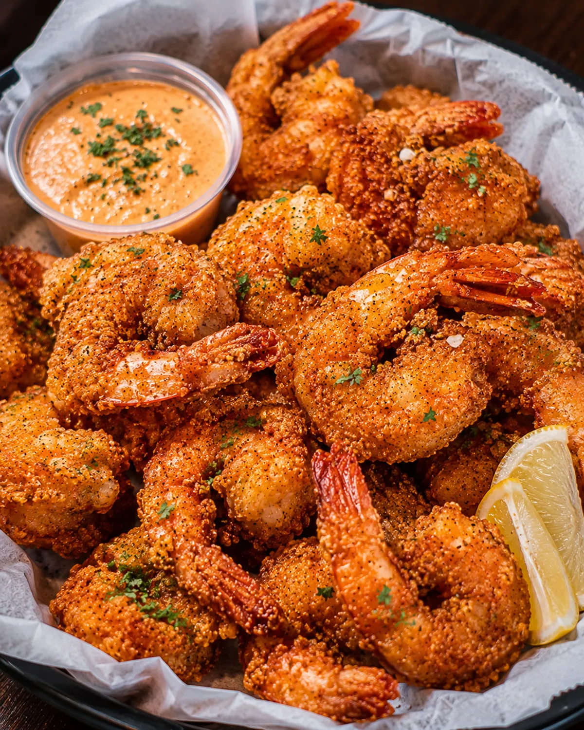 Basket of seasoned fried shrimp with remoulade and lemon at Buzz City in Charlotte