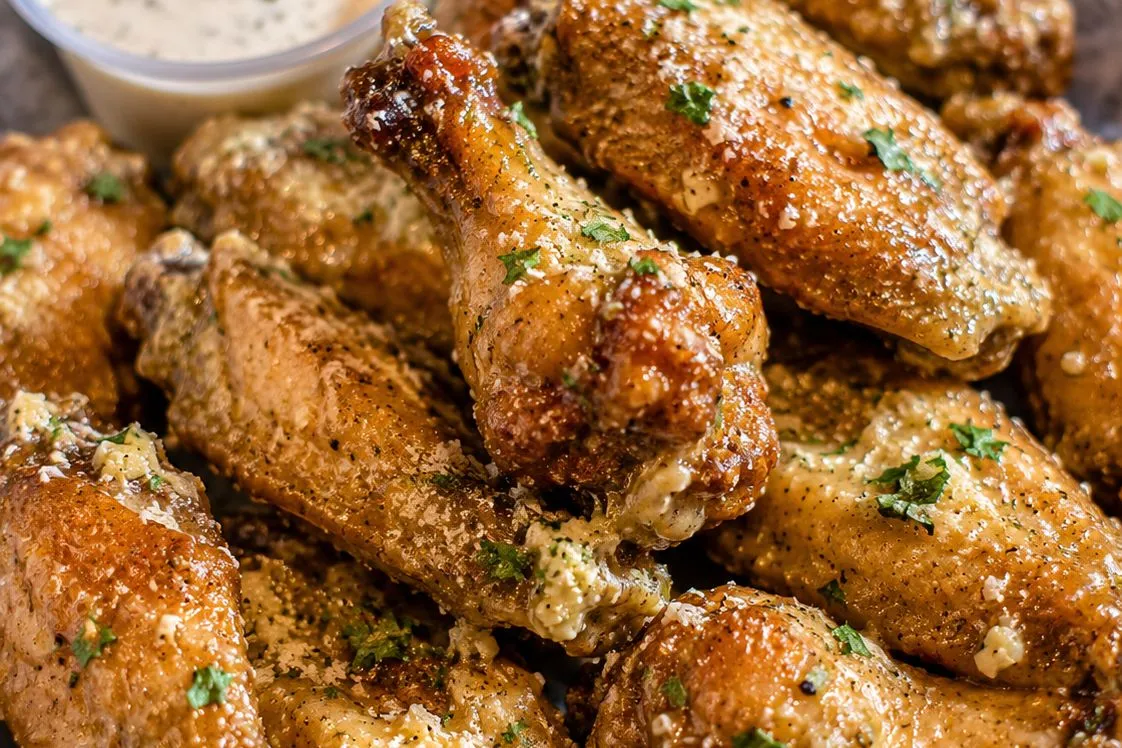 Garlic parmesan wings with ranch in a basket at Buzz City in Charlotte